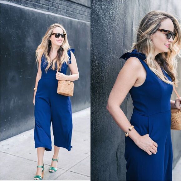 Amanda Uprichard Iris Jumpsuit Size Large Navy Blue Bow Blogger Fave Wide Leg - Picture 3 of 12